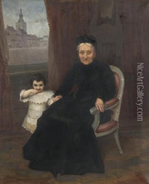 Portrait D'une Grand-mere Et De Sa Petite Fille Oil Painting - Pierre-Louis-Joseph de Coninck