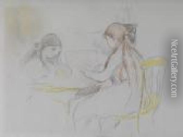 Deux Filles Assises Pres D'un Table Oil Painting - Berthe Morisot