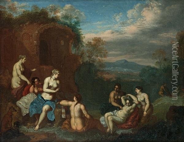 Diana And Her Nymphs Resting By A Ruin; And Bacchanale Before Classical Ruins Oil Painting - Daniel Vertangen