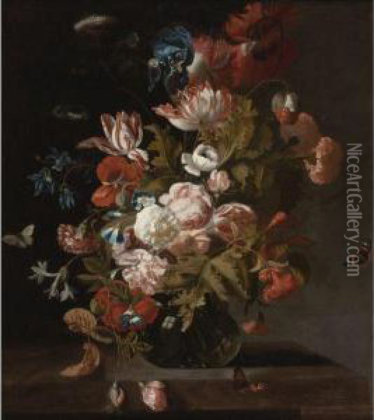 Tulips, Poppies, An Iris, Cow Parsley, Convolvuli And Other Flowersin A Glass, With Hovering Butterflies Oil Painting - Simon Pietersz. Verelst