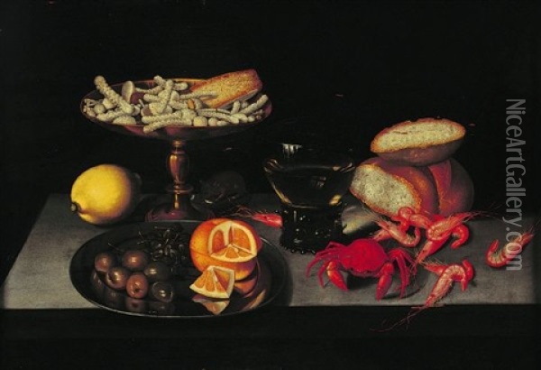 Nature Morte A L'etrille, Crevettes Et Sucreries Sur Un Entablement Oil Painting - Pieter Binoit