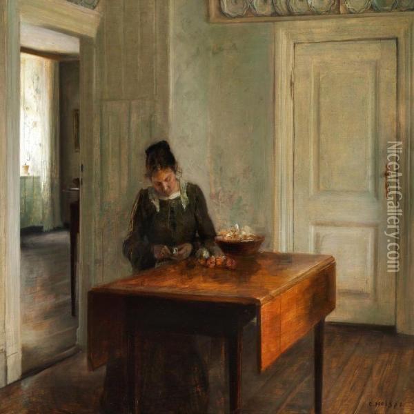 Interior With A Womanpeeling Apples Oil Painting - Carl Vilhelm Holsoe
