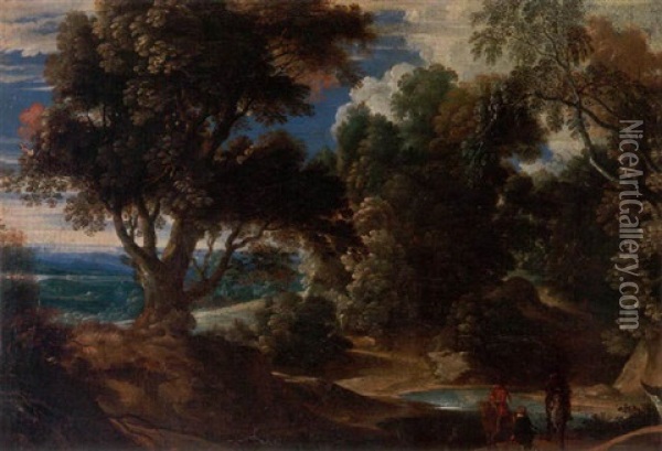 A Wooded Landscape With Two Elegant Riders And A Page In The Foreground Oil Painting - Jan Baptist Wans