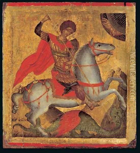Icon of St. George on Horseback, Slaying the Dragon Oil Painting - Angelos Akotandos