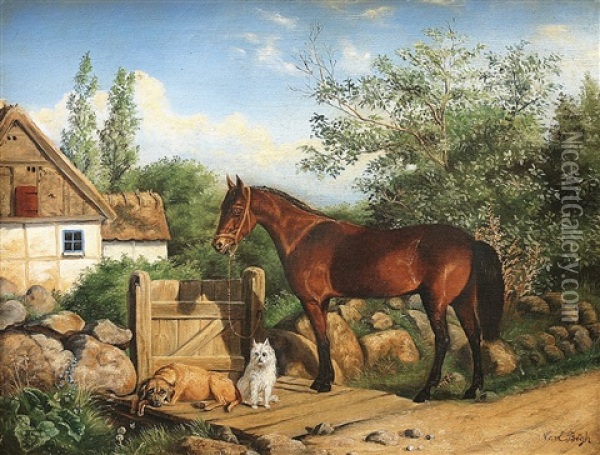 Ein Pferd Und Zwei Hunde Warten Vor Dem Hof Oil Painting - Carl Henrik Bogh