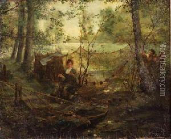 A Young Woman Mending Fishing Nets Oil Painting - Pinkney Marcius-Simons
