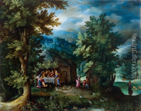 Forest Landscape With Abraham Being Visited By Three Angels Oil Painting - Pieter Schoubroeck