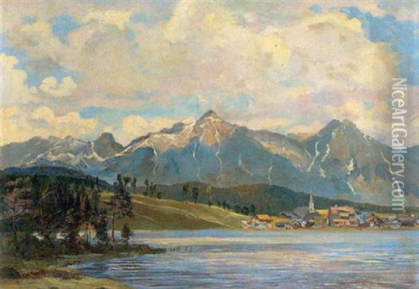 Dorf Am See Mit Wetterstein Oil Painting - Reinhard Caspar