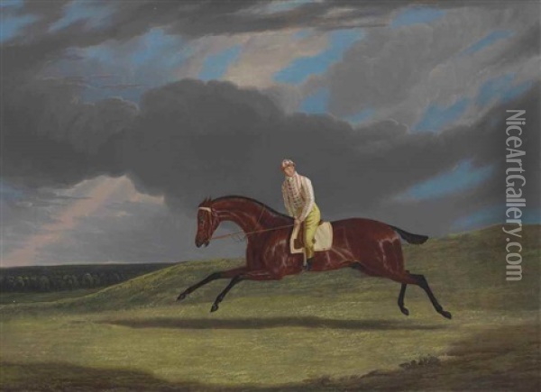 Corduroy,' A Bay Racehorse, With A Jockey Up, Galloping On A Racecourse Oil Painting - Charles Baxter