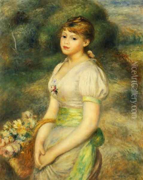 Young Girl With A Basket Of Flowers Oil Painting - Pierre Auguste Renoir