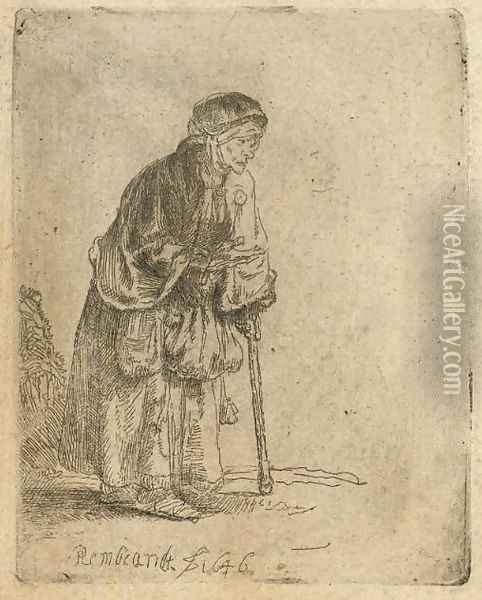 A Beggar Woman leaning on a Stick Oil Painting - Rembrandt Van Rijn