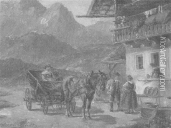 Pferdekutsche Vor Einem Bayrischen Bauernhof Oil Painting - Ludwig Mueller-Cornelius