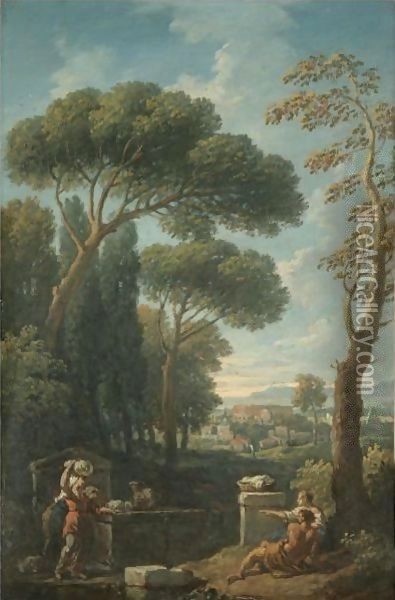 A Capriccio View Of Rome With Figures Resting In The Foreground, The Colosseum Beyond Oil Painting - Jan Frans Van Bloemen (Orizzonte)