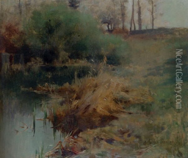Spring Reeds In Chadwick's Garden At Grez Oil Painting - Willard Leroy Metcalf