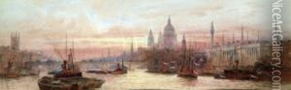 London, The Thames Off The Tower And Below London Bridge Oil Painting - Frederick E.J. Goff