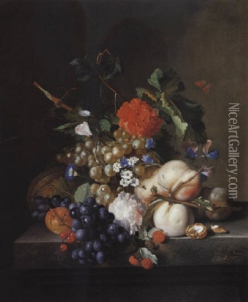 Nature Morte De Fruits Sur Un Entablement Oil Painting - Jan Van Huysum