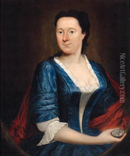 Portrait Of A Lady, 
Three-quarter-length, In A Blue Dress And Redwrap, Holding A Cameo, 
Feigned Oval Oil Painting - George Knapton
