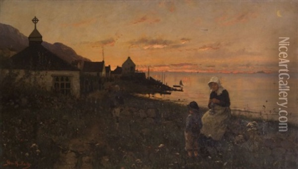 Femme Et Son Enfant Au Bord De La Mer Oil Painting - Frithjof Smith-Hald