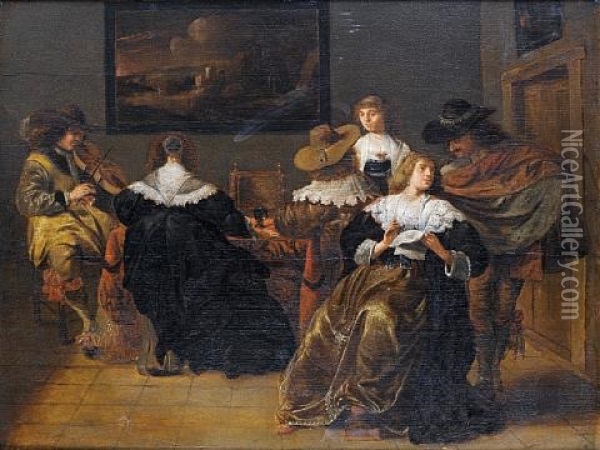 An Elegant Company Drinking And Making Music Oil Painting - Pieter Jacobs Codde