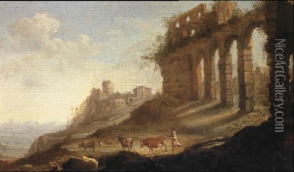 An Italianate Landscape With Classical Ruins, A Castle      Beyond Oil Painting - Abraham van Cuylenborch