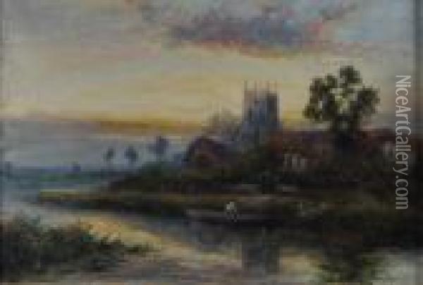 River Landscape At Sunset With A Figure In Boat Toforeground Oil Painting - William Langley