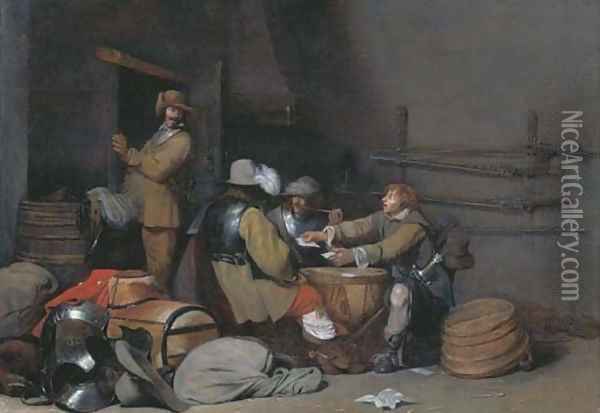 A guardroom interior with soldiers smoking and playing cards Oil Painting - Gerard Ter Borch