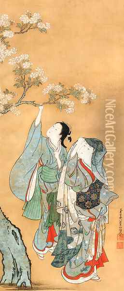 Beauties admiring a flowering cherry Oil Painting - Nishikawa Sukenobu