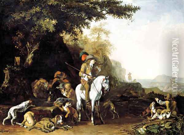An extensive landscape with a hunting party resting by a water trough and a sportsman shooting Oil Painting - Abraham Danielsz. Hondius