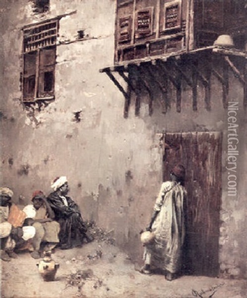 A North African Building Front With A Figure On A Door And Others Seated On The Ground Oil Painting - Rubens Santoro