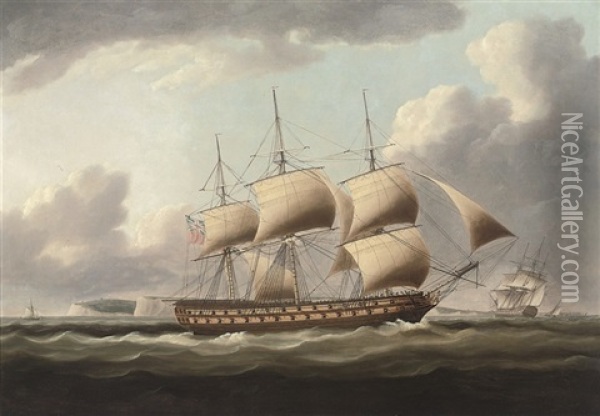 A 64-gun Warship In Two-positions In The Downs, With Walmer Castle In The Distance Oil Painting - Thomas Buttersworth