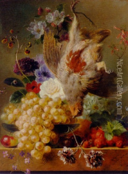 Grapes, Strawberries, Chestnuts, An Apple And Spring Flowers With Game On A Marble Ledge Oil Painting - Georgius Jacobus Johannes van Os