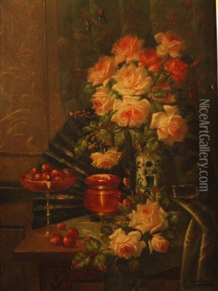 Vase Fleuri De Roses Et Coupe Fleurie Sur Un Entablement Oil Painting - Max Carlier