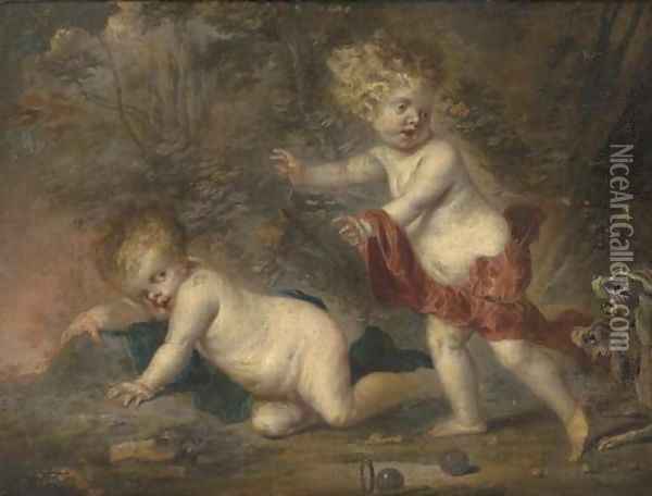 Putti disporting in a wooded clearing, surprised by two dogs Oil Painting - Frans Wouters