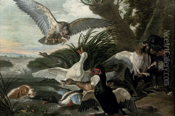 Waterfowl Under Attack By Two Springer Spaniels And A Buzzard, In A River Landscape Oil Painting - David de Coninck