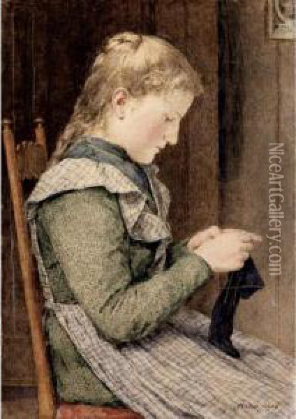 Strickendes Madchen, 1905 
Girl Knitting, 1905 Oil Painting - Albert Anker