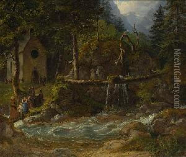 Waldkapelle Am
 Gebirgsbach. Oil Painting - Gustav Reinhold