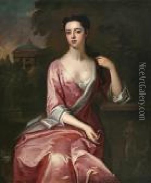 A Portrait Of A Lady, 
Three-quarter Length,wearing A Pink Satin Gown, Seated In A Landscape Oil Painting - Charles Jervas