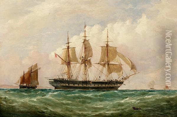 A British Frigate Of The Red Fleet Hove To Awaiting A Pilot Off France Oil Painting - Richard Henry Nibbs