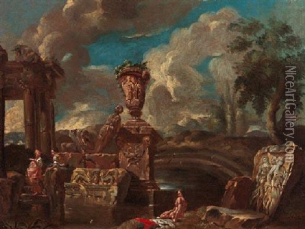 Romische Ruinenlandschaft Mit Personen Oil Painting - Giovanni Paolo Panini
