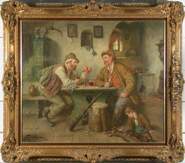 Szene In Einer Bauernstube. Am Tisch Zwei Pfeife Rauchendebauern In Ihrer Alltagstracht Oil Painting - Fritz Wagner