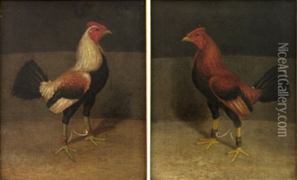 Gamecocks (pair) Oil Painting - Harry Lyman