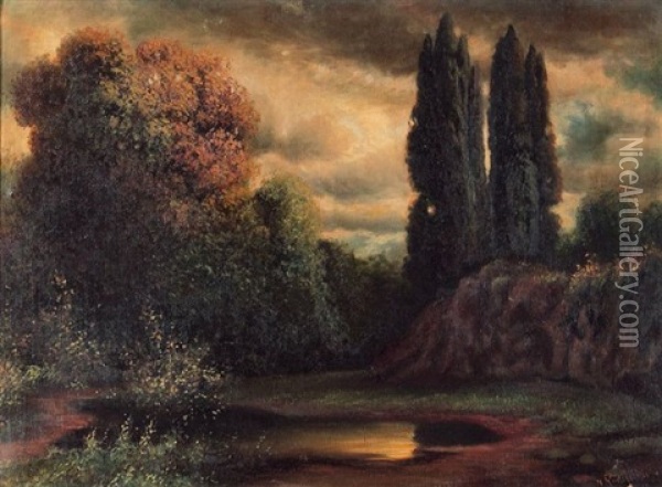 Landschaft Mit Weiher Am Herbstabend Oil Painting - Traugott Hermann Ruedisuehli
