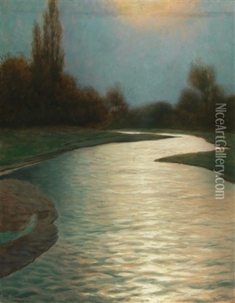 River Landscape In Moonlight Oil Painting - Eduard Kasparides