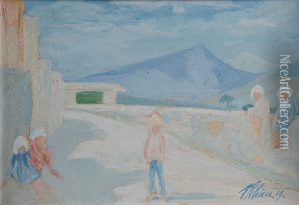 Kinder An Der Strasse Auf Mallorca Oil Painting - Ernst Traugott Schiess