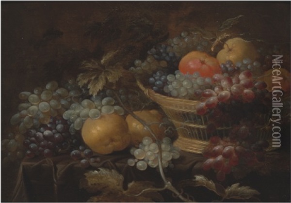 A Still Life With Quinces, Grapes And An Apple In And Around A Wicker Basket Oil Painting - Roelof Koets the Elder