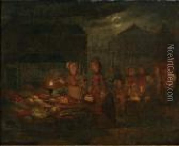 Groentemarkt Bij Kaarslicht Oil Painting - Pieter Gerardus Sjamaar