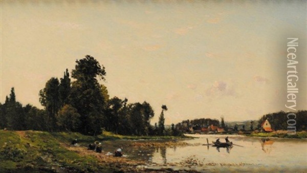 Les Lavandieres A Pont Sur Yonne Oil Painting - Hippolyte Camille Delpy