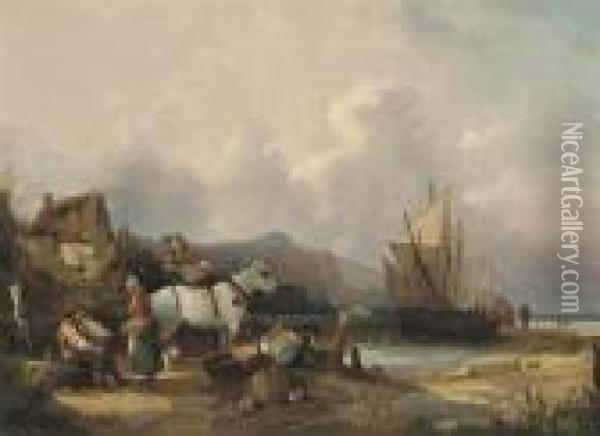 Fisherfolk On The Beach, Unloading The Catch Oil Painting - Snr William Shayer