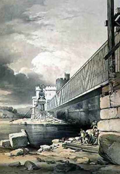 Conway Tubular Bridge with the Preparations for Raising the Second Tube Oil Painting - George Hawkins