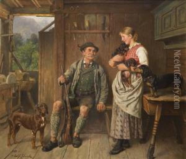 Dirndl, Jager Und Dackelfamilie Im Interieur Oil Painting - Adolf Eberle